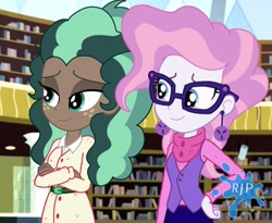 Size: 1280x1050 | Tagged: safe, artist:rjp.rammy, character:minty mocha, character:raspberry latte, g4, my little pony:equestria girls, bedroom eyes, belt, book, clothing, coat, duo, ear piercing, earring, equestria girls-ified, female, freckles, glasses, jewelry, library, piercing, shirt, skirt, sweater, vest