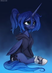 Size: 886x1252 | Tagged: safe, artist:zazush-una, character:princess luna, species:alicorn, species:pony, g4, alternate hairstyle, clothing, converse, cute, female, floppy ears, gradient background, hoodie, hoof shoes, lunabetes, mare, ponytail, sad, sadorable, shoes, sitting, sneakers, solo, tired