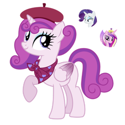 Size: 1280x1287 | Tagged: safe, artist:tenderrain46, character:princess cadance, character:rarity, oc, parent:princess cadance, parent:rarity, parents:raridance, species:alicorn, species:pony, g4, beret, clothing, hat, magical lesbian spawn, offspring, simple background, transparent background