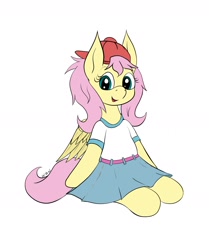 Size: 2008x2400 | Tagged: safe, artist:wapamario63, gameloft, character:fluttershy, species:pegasus, species:pony, g4, 90s grunge fluttershy, alternate hairstyle, backwards ballcap, baseball cap, cap, clothing, female, gameloft interpretation, hat, looking at you, mare, shirt, simple background, sitting, skirt, solo