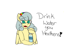 Size: 2048x1536 | Tagged: safe, artist:mintymelody, oc, oc only, oc:rainbow ribbon, species:pegasus, species:pony, g4, dialogue, simple background, solo, water bottle, white background