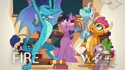 Size: 1280x720 | Tagged: safe, artist:drtuo4, edit, character:ocellus, character:princess ember, character:smolder, character:spike, character:twilight sparkle, species:dragon, g4, epic, promo, wings