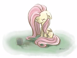 Size: 4000x3000 | Tagged: safe, artist:catscratchpaper, character:fluttershy, species:pegasus, species:pony, g4, crying, eyes closed, female, floppy ears, folded wings, gravestone, mare, mourning, sad, sitting, solo, teary eyes, wings