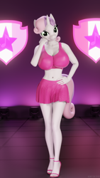 Size: 3240x5760 | Tagged: safe, artist:hunterz263, character:sweetie belle, species:anthro, species:plantigrade anthro, g4, 3d, big breasts, breasts, busty sweetie belle, clothing, commission, cutie mark, feet, female, high heels, looking at you, midriff, pose, shirt, shoes, skirt, solo, the cmc's cutie marks, toes