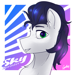 Size: 1920x1920 | Tagged: safe, artist:chebypattern, oc, oc only, oc:skysprinter, g4, abstract background, black mane, bust, commission, green eyes, not soarin, portrait, smiling, smiling at you, solo, white coat