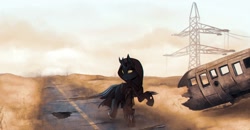 Size: 1241x644 | Tagged: safe, artist:hagalazka, oc, oc only, oc:hoofston, species:changeling, species:pony, fallout equestria, g4, car, cloak, clothing, cloud, cloudy, commission, complex background, dagger, destroyed, dust, fallout equestria oc, hoodie, knife, male, power line, pylon, road, sky, solo, van, walking, wasteland, weapon, wreckage, ych result, yellow eyes