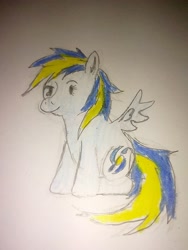 Size: 2448x3264 | Tagged: safe, artist:edhelistar, oc, oc only, oc:huracata, species:pegasus, species:pony, g4, chibi, dot eyes, female, looking at you, mare, raised eyebrow, simple background, sitting, spread wings, traditional art, white background, wings