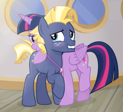 Size: 3275x3000 | Tagged: safe, artist:devfield, character:star tracker, character:twilight sparkle, character:twilight sparkle (alicorn), species:alicorn, species:earth pony, species:pony, ship:twitracker, episode:once upon a zeppelin, g4, my little pony: friendship is magic, blushing, cute, female, high res, hug, lip bite, male, mare, shipping, show accurate, stallion, straight