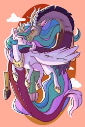 Size: 1024x1536 | Tagged: safe, artist:canisrettmajoris, character:discord, character:princess celestia, species:alicorn, species:draconequus, species:pony, ship:dislestia, g4, blushing, boop, female, looking at each other, male, mare, noseboop, shipping, straight