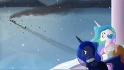 Size: 1920x1080 | Tagged: safe, artist:yudhaikeledai, character:princess celestia, character:princess luna, species:alicorn, species:pony, g4, alicorn princess, cape, clothing, coat, dark, duo, duo female, female, floppy ears, friendship express, frostpony, frostpunk, i can't believe it's not hasbro studios, ice, mare, ponified, princess, sad, sadness, smoke, snow, snowfall, snowflake, standing, train, watching, winter clothes, winter coat, worried, worry, youtube link
