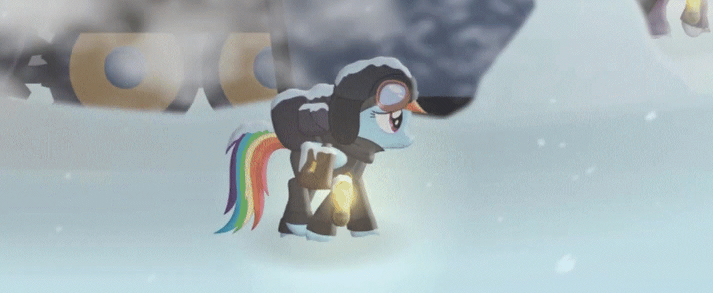 Size: 1426x587 | Tagged: safe, artist:yudhaikeledai, character:rainbow dash, species:pegasus, species:pony, g4, animated, backpack, bag, clothing, coat, female, flashlight (object), frostpony, frostpunk, goggles, hat, i can't believe it's not hasbro studios, ice, mare, ponified, sad, saddle bag, sadness, scarf, snow, snowfall, snowflake, solo, train, trotting, wheel, winter clothes, winter coat, youtube link