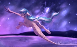 Size: 2954x1828 | Tagged: safe, artist:magic_balance_, artist:magicbalance, oc, oc only, oc:summer ray, species:pegasus, species:pony, g4, chest fluff, female, floppy ears, flying, leg fluff, mare, night, night sky, sky, solo, spread wings, starry night, tail band, water, wings
