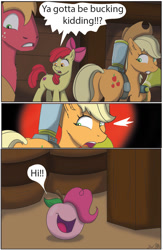 Size: 800x1227 | Tagged: safe, artist:cactuscowboydan, idw, character:apple bloom, character:applejack, character:big mcintosh, character:pinkie pie, species:earth pony, species:pony, g4, spoiler:comic, spoiler:comic32, apple, apple pinkie, applebutt, butt, comic, female, food, mare, parody, plot, reference, surprised, the thing