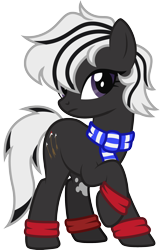 Size: 1510x2359 | Tagged: safe, artist:lightning stripe, derpibooru original, oc, oc only, oc:katyusha, species:earth pony, species:pony, g4, black and white mane, black coat, clothing, commission, cutie mark, female, hair over one eye, mare, purple eyes, scarf, show accurate, simple background, solo, striped scarf, transparent background, vector, white hair, white mane, wristband