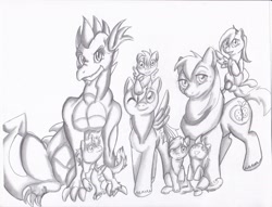 Size: 3340x2552 | Tagged: safe, artist:tristanjsolarez, character:big mcintosh, character:rainbow dash, character:spike, oc, oc:abba apple, oc:big red, oc:dabba apple, oc:fire heart, oc:zapp apple, parent:applejack, parent:big macintosh, parent:fluttershy, parent:rainbow dash, parent:rarity, parent:spike, parents:appledash, parents:fluttermac, parents:sparity, species:dracony, species:dragon, species:earth pony, species:pegasus, species:pony, g4, adult, adult spike, colt, female, filly, grayscale, hybrid, interspecies offspring, male, monochrome, offspring, older, older spike, simple background, sketch, stallion, trans male, white background