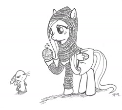 Size: 1432x1292 | Tagged: safe, artist:catscratchpaper, character:angel bunny, character:fluttershy, armor, chainmail, crossover, holy hand grenade, holy hand grenade of antioch, monty python, monty python and the holy grail, traditional art
