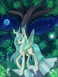 Size: 1500x2000 | Tagged: safe, artist:dalagar, character:queen chrysalis, species:changeling, changeling queen, female, moon, solo, tree