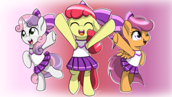 Size: 2560x1440 | Tagged: safe, artist:envygirl95, character:apple bloom, character:scootaloo, character:sweetie belle, species:pegasus, species:pony, g4, adorabloom, bipedal, cheerleader outfit, clothing, cute, cutealoo, cutie mark crusaders, diasweetes, esophagus, eyes closed, gullet, one eye closed, open mouth, wink