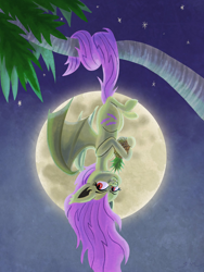 Size: 1536x2048 | Tagged: safe, artist:catscratchpaper, character:flutterbat, character:fluttershy, species:bat, species:bat pony, species:pony, g4, bat ponified, fangs, female, food, fruit bat, fruit bat pony, full moon, holding, hoof hold, looking at you, mare, moon, night, outdoors, palm tree, pineapple, prehensile tail, race swap, red eyes, smiling, solo, spread wings, stars, three quarter view, tree, upside down, wings