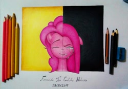 Size: 1810x1260 | Tagged: safe, alternate version, artist:fernandojc-draftsman, character:pinkamena diane pie, character:pinkie pie, species:earth pony, species:pony, g4, bust, colored, crying, duality, eyes closed, female, floppy ears, mare, signature, smiling, split screen, traditional art, two sides