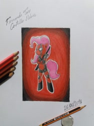 Size: 1280x1707 | Tagged: safe, artist:fernandojc-draftsman, character:pinkie pie, species:earth pony, species:pony, g4, bipedal, clothing, costume, deadpool, female, mare, signature, solo, sword, traditional art, weapon