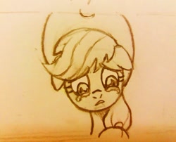 Size: 1080x873 | Tagged: safe, alternate version, artist:fernandojc-draftsman, part of a set, character:applejack, species:earth pony, species:pony, g4, bust, clothing, crying, female, floppy ears, hat, lineart, mare, monochrome, sad, solo, traditional art