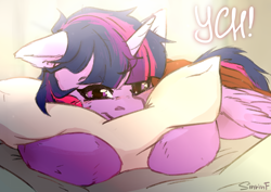 Size: 3508x2480 | Tagged: safe, artist:flysouldragon, character:twilight sparkle, character:twilight sparkle (alicorn), species:alicorn, species:pony, g4, blushing, commission, commission open, female, happy, morning, morning ponies, pillow, solo, ych example, your character here