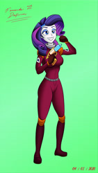 Size: 6124x10887 | Tagged: safe, alternate version, artist:fernandojc-draftsman, character:rarity, species:eqg human, g4, my little pony:equestria girls, boots, clothing, colored, eyelashes, female, gloves, grin, gun, lipstick, makeup, shoes, signature, smiling, solo, weapon