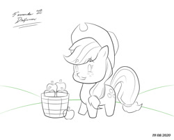 Size: 894x720 | Tagged: safe, artist:fernandojc-draftsman, character:applejack, species:earth pony, species:pony, g4, apple, bucket, chibi, clothing, female, food, freckles, hat, lineart, mare, monochrome, signature, smiling, solo