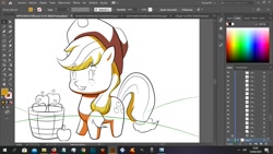 Size: 1366x768 | Tagged: safe, artist:fernandojc-draftsman, screencap, character:applejack, species:earth pony, species:pony, g4, apple, bucket, chibi, clothing, female, food, freckles, hat, lineart, mare, partial color, signature, smiling, solo