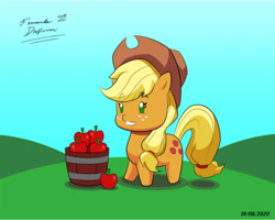 Size: 902x720 | Tagged: safe, alternate version, artist:fernandojc-draftsman, character:applejack, species:earth pony, species:pony, g4, apple, bucket, chibi, clothing, colored, female, food, freckles, hat, mare, signature, smiling, solo