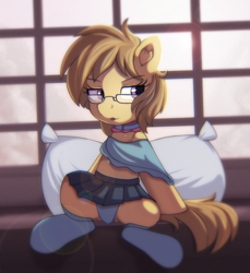 Size: 1290x1411 | Tagged: safe, artist:anonbelle, oc, oc only, oc:dawnsong, species:earth pony, species:pony, g4, clothing, commission, female, glasses, pillow, skirt, socks