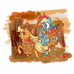 Size: 2048x2048 | Tagged: safe, artist:laya-21, character:applejack, character:rainbow dash, species:earth pony, species:pegasus, species:pony, ship:appledash, g4, apple, female, food, leaves, lesbian, shipping, tree