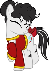 Size: 1524x2193 | Tagged: safe, artist:lightning stripe, derpibooru original, oc, oc:kalinka, species:earth pony, species:pony, g4, black and white mane, bow, clothing, commission, crossed legs, cute, cutie mark, eyes closed, female, hair bun, mare, ocbetes, raised hoof, show accurate, simple background, smiling, solo, stripes, sweater, tail bow, transparent background, two toned tail, vector
