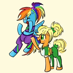 Size: 640x640 | Tagged: safe, artist:laya-21, character:applejack, character:rainbow dash, species:earth pony, species:pegasus, species:pony, g4, alternate hairstyle, buckball fan gear rainbow dash, clothing, duo, jacket, pants, ponytail, simple background, sweatpants