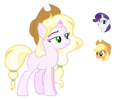 Size: 1024x822 | Tagged: safe, artist:sapphiretwinkle, character:applejack, character:rarity, oc, parent:applejack, parent:rarity, parents:rarijack, species:pony, species:unicorn, g4, broken horn, clothing, female, group, hat, horn, magical lesbian spawn, mare, offspring, simple background, transparent background