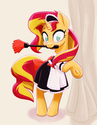 Size: 1040x1349 | Tagged: safe, artist:ikarooz, character:sunset shimmer, species:pony, species:unicorn, g4, bipedal, clothing, curtain, cute, dress, duster, female, frog (hoof), hoofbutt, maid, mare, mouth hold, shimmerbetes, solo, underhoof