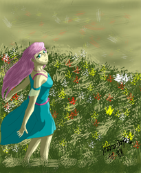Size: 1711x2086 | Tagged: safe, artist:edhelistar, derpibooru original, character:fluttershy, species:eqg human, g4, my little pony:equestria girls, barefoot, belt, clothing, dress, feet, geode of fauna, grass, grass field, kanji, looking at you, magical geodes, scenery, signature, smiling at you, solo, tengwar, windswept hair