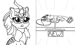 Size: 2020x1200 | Tagged: safe, artist:soctavia, character:cinder glow, character:summer flare, species:kirin, species:pony, g4, angle grinder, big eyes, dialogue, female, in awe, mare, marewaukee, open mouth, power tools, sketch, solo, want, wip, woah