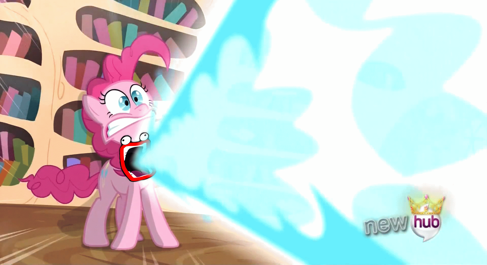 Size: 1918x1045 | Tagged: safe, artist:rammbrony, edit, edited screencap, screencap, character:pinkie pie, episode:magical mystery cure, g4, my little pony: friendship is magic, animated, energy blast, female, meme, shoop da whoop