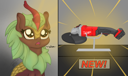 Size: 2020x1200 | Tagged: safe, artist:soctavia, character:cinder glow, character:summer flare, species:kirin, species:pony, g4, amazed, angle grinder, big eyes, dialogue, female, in awe, light rays, mare, marewaukee, misleading thumbnail, open mouth, solo, text, want, wide eyes, woah