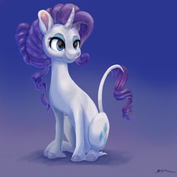 Size: 2048x2048 | Tagged: safe, artist:catscratchpaper, character:rarity, species:classical unicorn, species:pony, species:unicorn, g4, alternate hairstyle, blue background, cloven hooves, female, gradient background, leonine tail, looking at you, mare, simple background, sitting, smiling, unshorn fetlocks