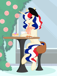 Size: 1801x2408 | Tagged: safe, artist:dianamur, artist:thieeur-nawng, base used, species:pony, species:unicorn, nation ponies, g4, beret, clothing, coffee, food, france, hat, outdoors, plant, ponified, sitting, solo, stool, table
