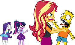 Size: 4313x2607 | Tagged: safe, artist:urhangrzerg, character:rarity, character:sunset shimmer, character:twilight sparkle, character:twilight sparkle (scitwi), species:eqg human, g4, my little pony:equestria girls, bart simpson, crossover, horrified, rageset shimmer, strangling, the simpsons, why you little