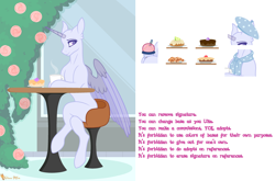 Size: 3656x2408 | Tagged: safe, artist:dianamur, oc, oc only, species:alicorn, species:pony, g4, alicorn oc, base, beret, clothing, food, hat, horn, outdoors, sitting, stool, table, wings