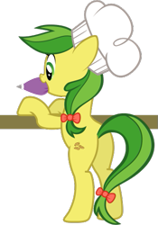 Size: 363x520 | Tagged: safe, artist:nano23823, character:apple fritter, species:earth pony, species:pony, g4, .svg available, apple family member, bipedal, bipedal leaning, butt, clothing, female, hat, leaning, mare, mouth hold, plot, simple background, solo, svg, transparent background, vector