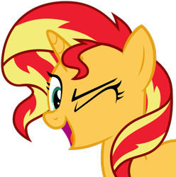 Size: 591x595 | Tagged: safe, artist:nano23823, character:sunset shimmer, species:pony, species:unicorn, g4, my little pony:equestria girls, .svg available, absurd resolution, bust, female, looking at you, one eye closed, open mouth, portrait, simple background, smiling, solo, svg, transparent background, vector, wink