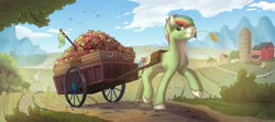Size: 4096x1822 | Tagged: safe, artist:helmie-d, oc, oc only, species:earth pony, species:pony, g4, apple, barn, commission, field, food, male, scenery, silo, solo, stallion, straw in mouth, wagon, walking