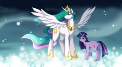 Size: 1468x813 | Tagged: safe, artist:mr-tiaa, character:princess celestia, character:twilight sparkle, character:twilight sparkle (unicorn), species:alicorn, species:pony, species:unicorn, episode:magical mystery cure, g4, my little pony: friendship is magic, ascension, duo, ethereal mane, female, mare, princess celestia's special princess making dimension, raised hoof, scene interpretation, underhoof, void