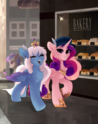 Size: 1900x2400 | Tagged: safe, artist:zlatavector, character:princess cadance, oc, oc:ice, oc:verlo streams, species:alicorn, species:pegasus, species:pony, g4, bakery, best friends, bun, city, clothing, commission, crown, decoration, diadem, ear piercing, earring, feather, hair, hat, jewelry, phone, piercing, regalia, wings